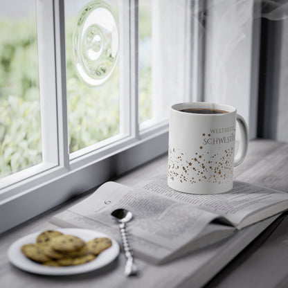 Weisse Tasse golden Glitter "weltbeste Schwester"