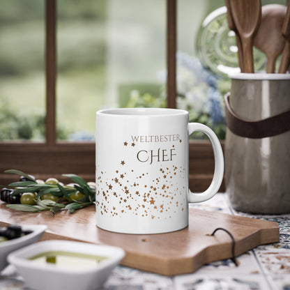 Weisse Tasse golden Glitter "weltbester Chef"