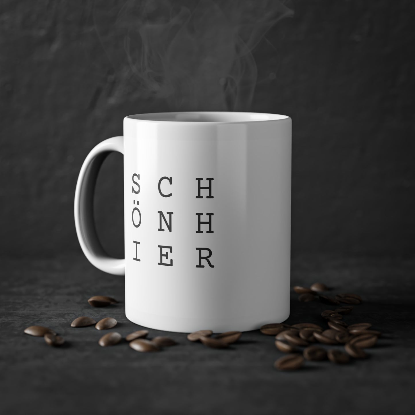 Weisse Design Tasse "Schön hier"