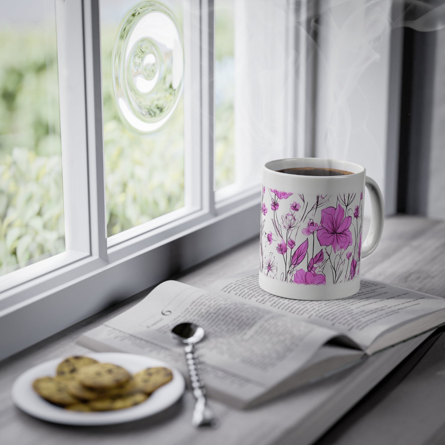 Weisse Tasse pinke Blumen