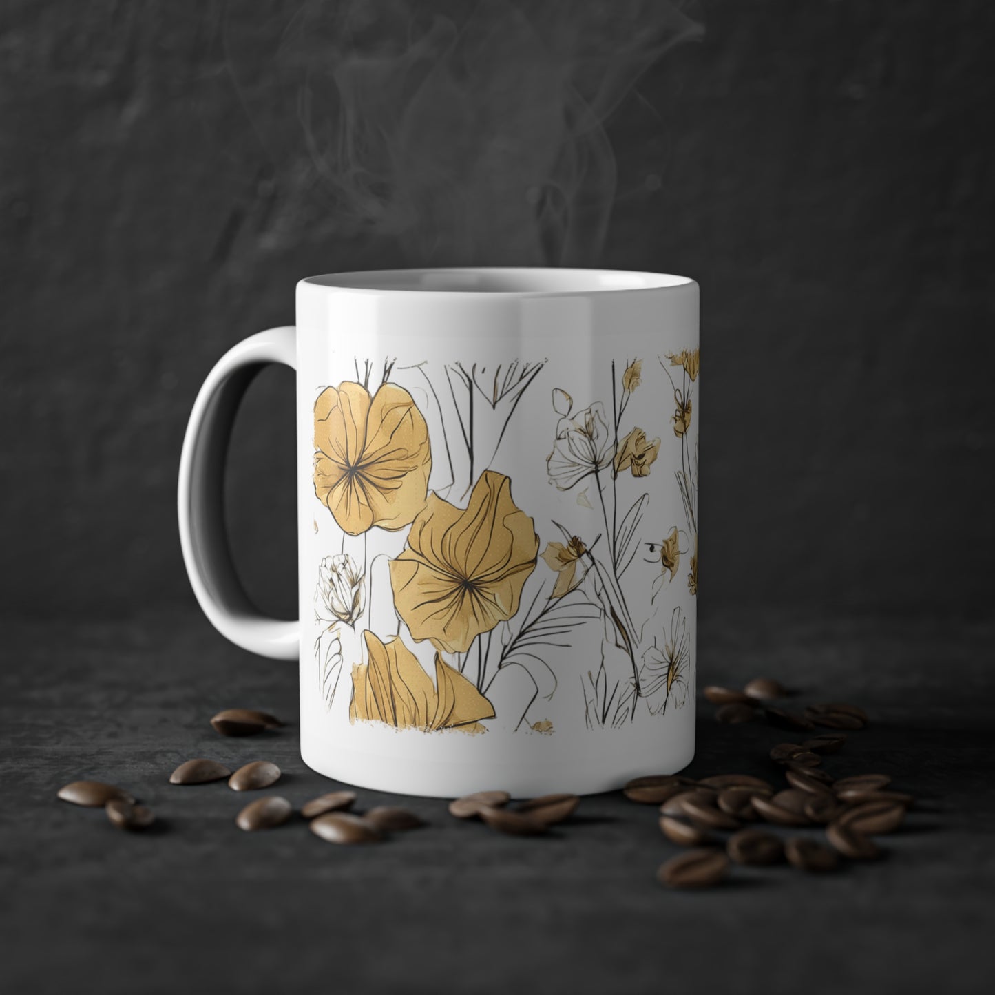 Weisse Tasse ocker Blumen