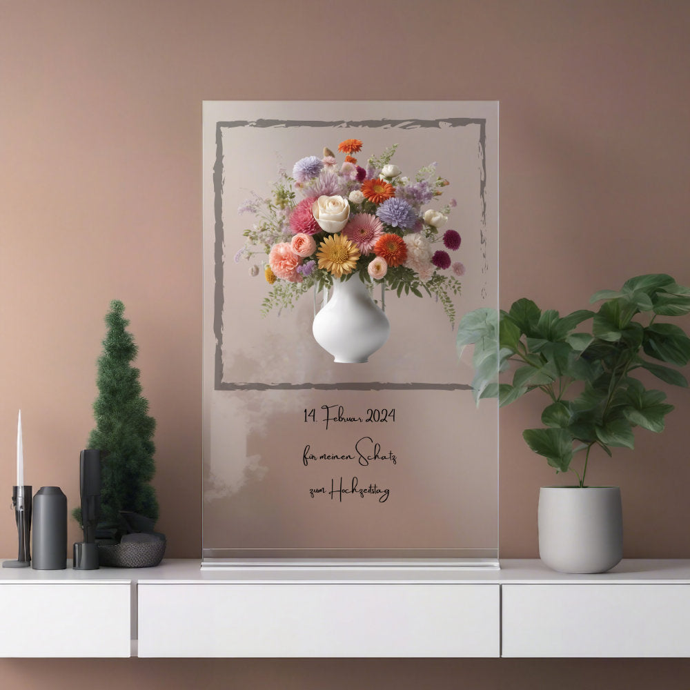 Blumenstrauß in Vase mit Rahmen auf Acryl personalisierbar