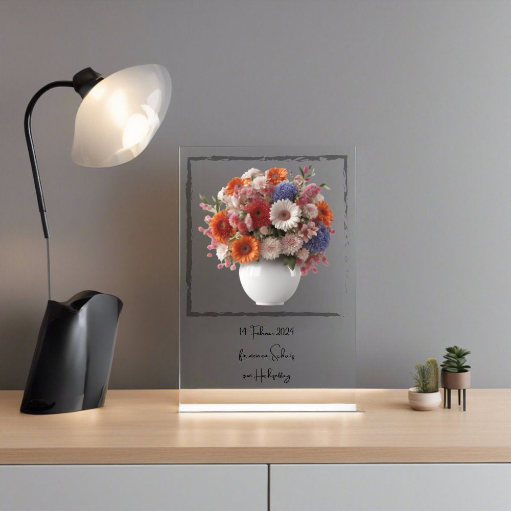 Blumenstrauß farbig mit Vase mit Rahmen auf Acryl personalisierbar