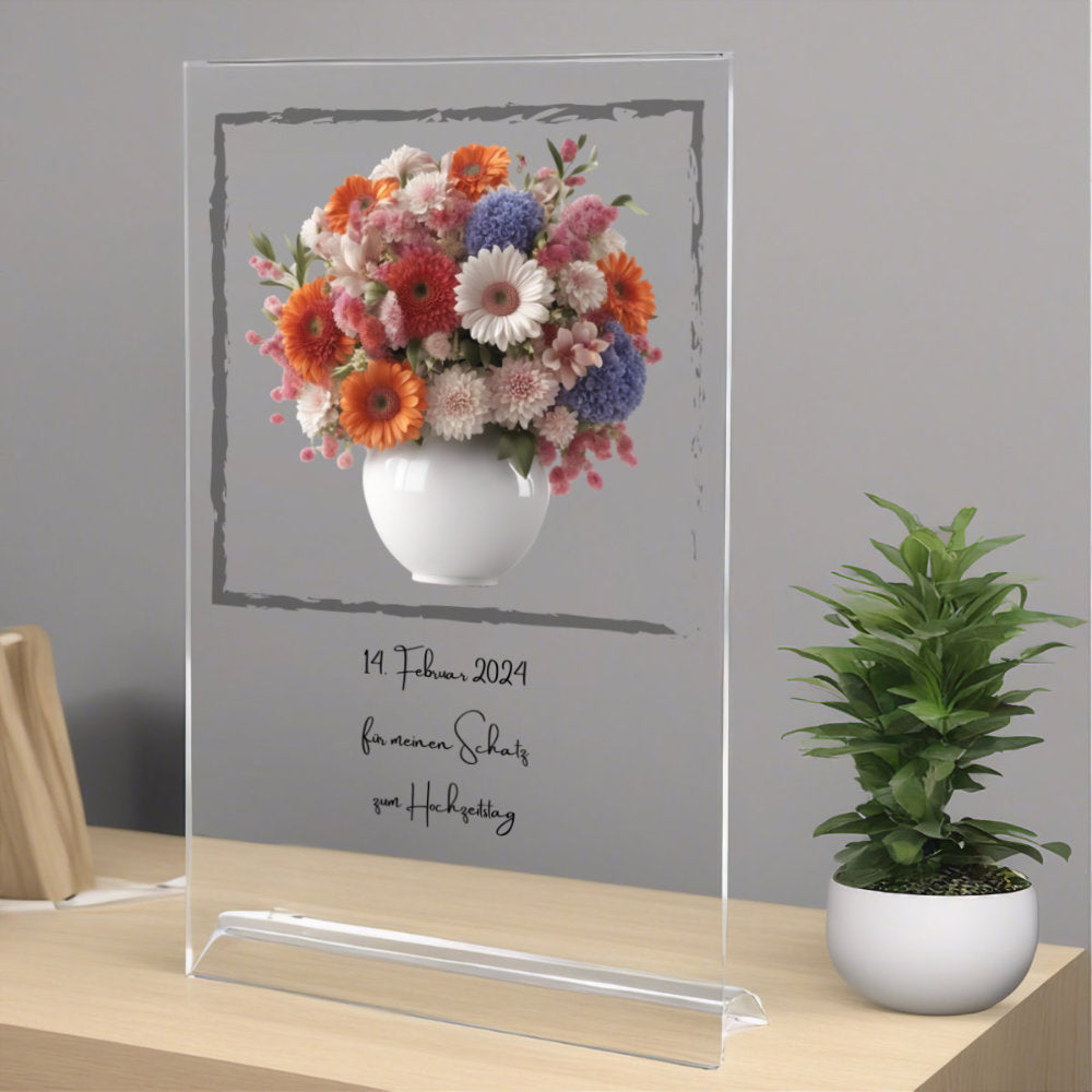 Blumenstrauß farbig mit Vase mit Rahmen auf Acryl personalisierbar