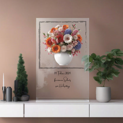 Blumenstrauß farbig mit Vase mit Rahmen auf Acryl personalisierbar