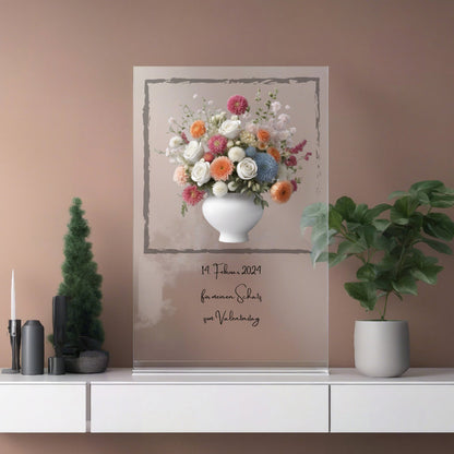 Blumenstrauß bunt in Vase mit Rahmen auf Acryl personalisierbar