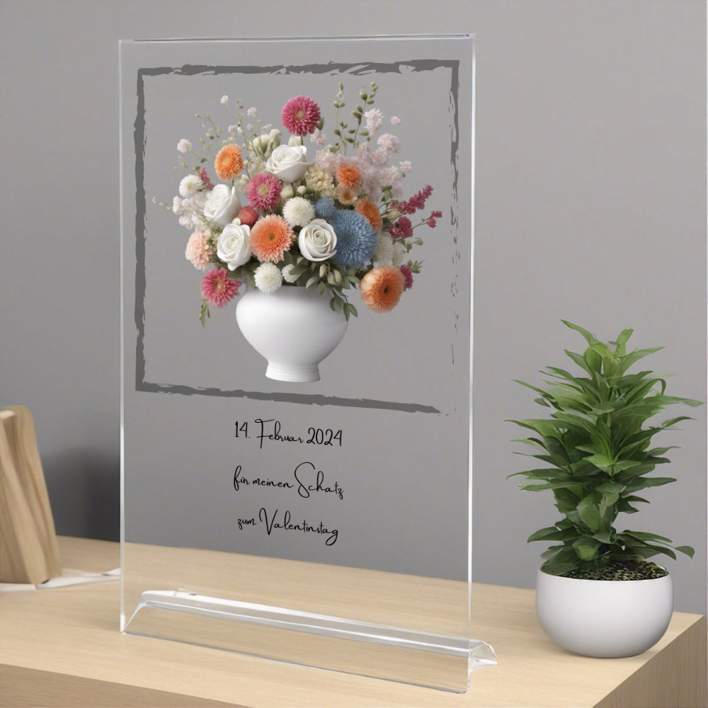 Blumenstrauß bunt in Vase mit Rahmen auf Acryl personalisierbar