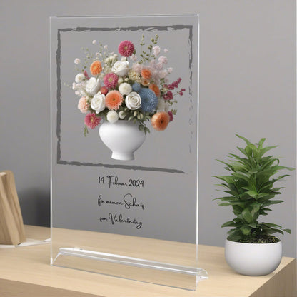 Blumenstrauß bunt in Vase mit Rahmen auf Acryl personalisierbar