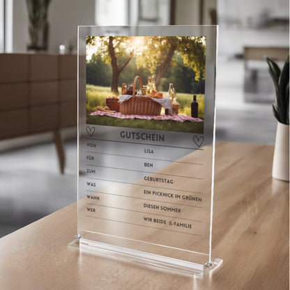 Quartettkarte Acrylglas Gutschein Picknick personalisierbar mit Foto & Text