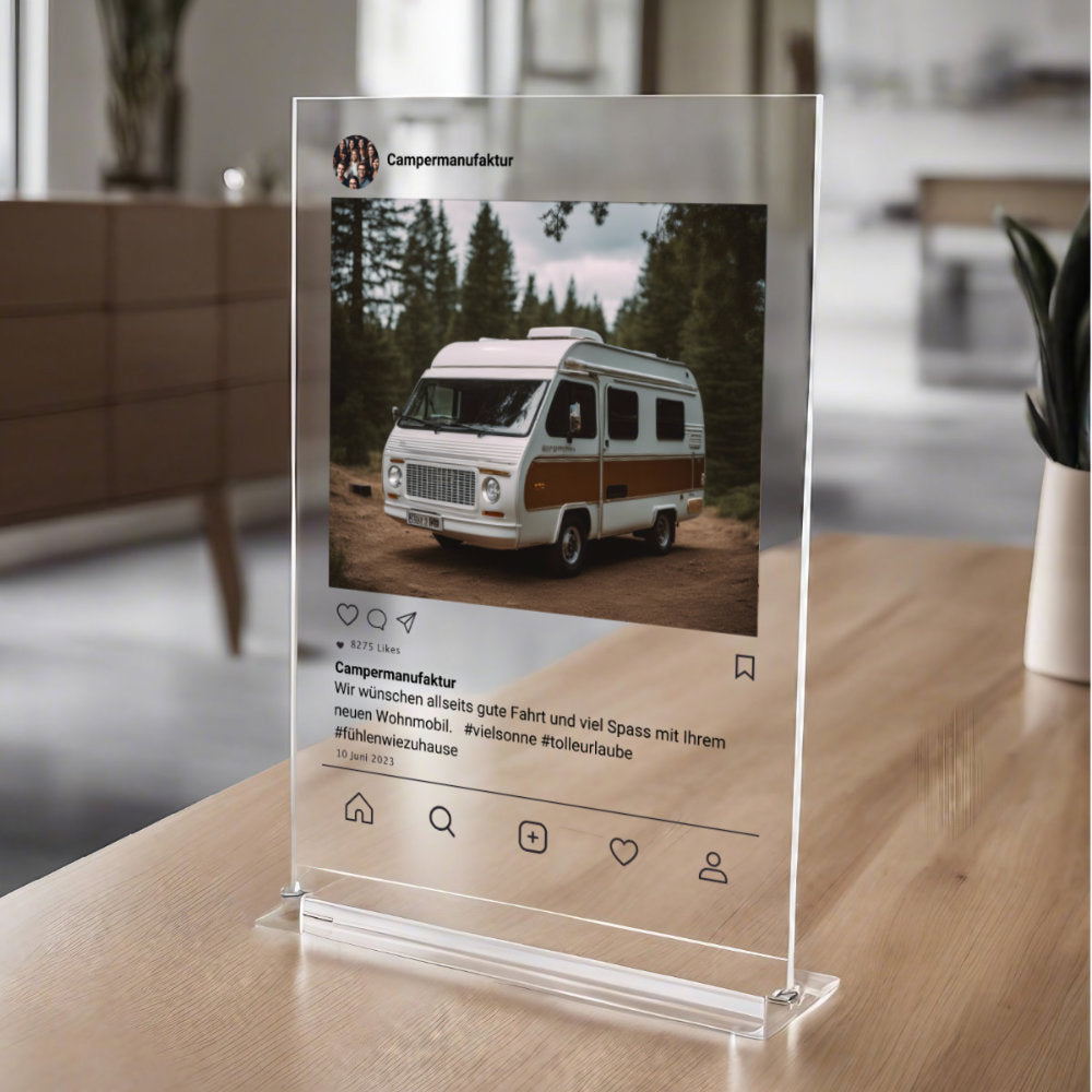 Social Media Post Acrylglas Werbegeschenk Wohnmobil personalisierbar mit Foto & Text