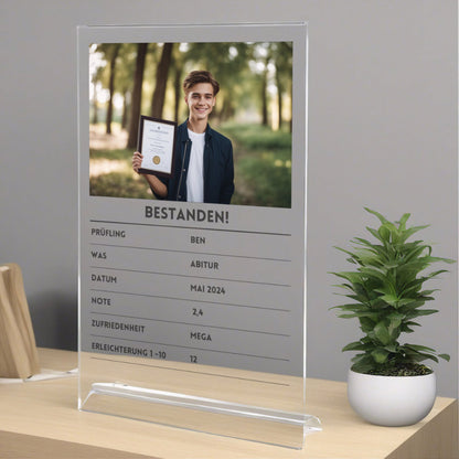 Quartettkarte Acrylglas bestandene Prüfung personalisierbar mit Foto & Text