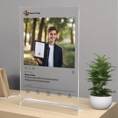 Social Media Post Acrylglas zur bestandenen Prüfung personalisierbar mit Foto & Text