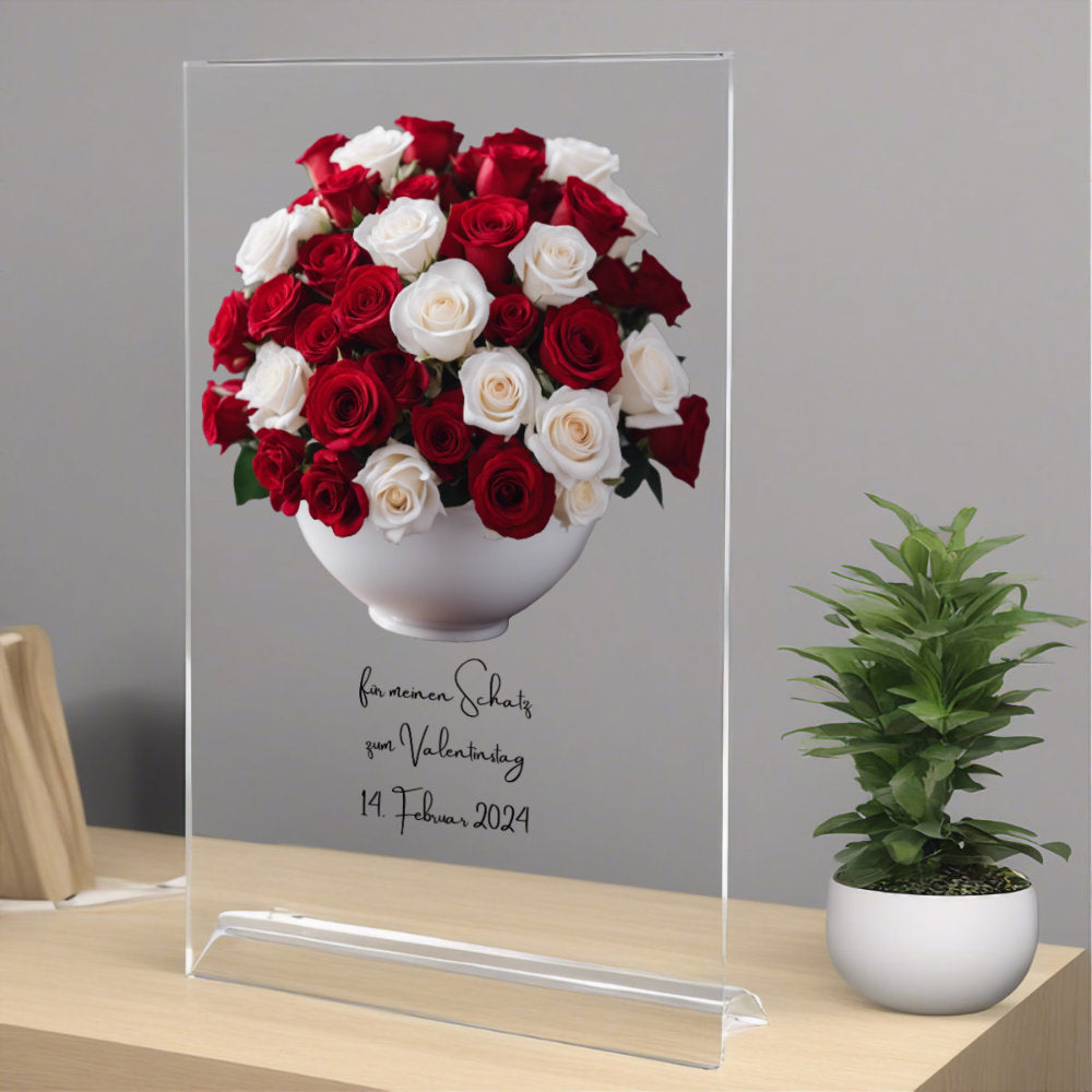 Blumenstrauß rote & weiße Rosen auf Acryl personalisierbar