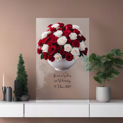 Blumenstrauß rote & weiße Rosen auf Acryl personalisierbar