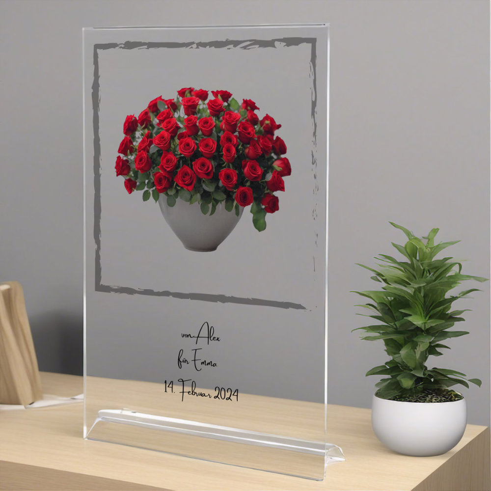 Blumenstrauß rote Rosen mit Rahmen auf Acryl personalisierbar