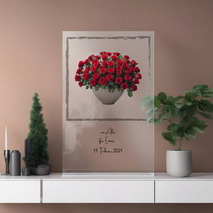 Blumenstrauß rote Rosen mit Rahmen auf Acryl personalisierbar